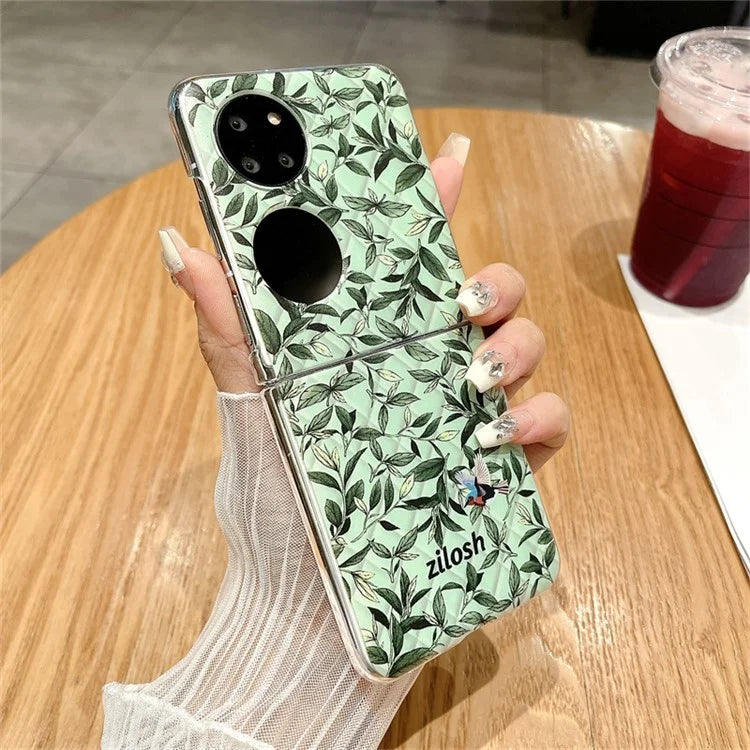 For Huawei Pocket 2 Case Leaves Pattern Leather+PC Folding Phone Cover