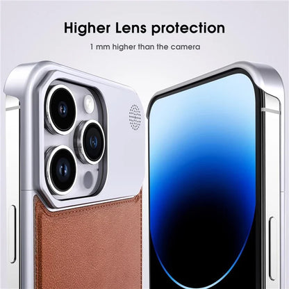 For iPhone 13 Pro Max Magnetic Case Leather+Aluminium Alloy Borderless Aromatherapy Phone Cover