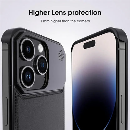 For iPhone 14 Pro Max Magnetic Case Leather+Aluminium Alloy Aromatherapy Phone Cover