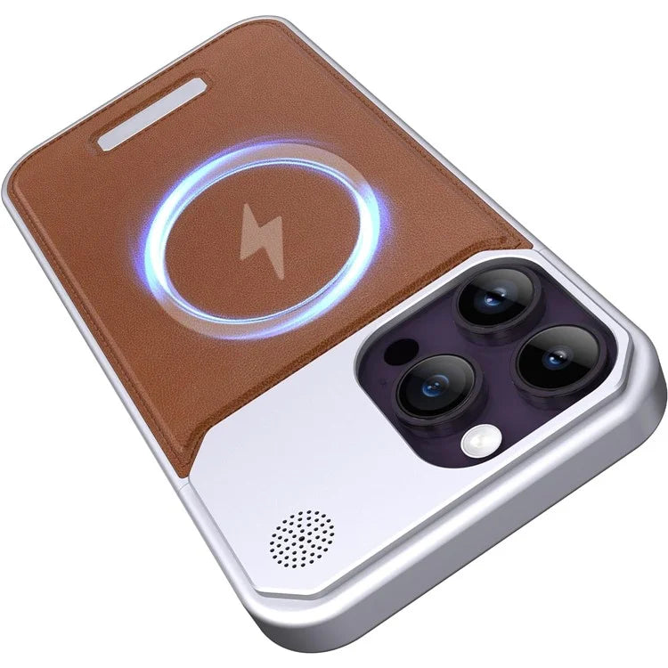 For iPhone 14 Pro Max Magnetic Case Leather+Aluminium Alloy Aromatherapy Phone Cover