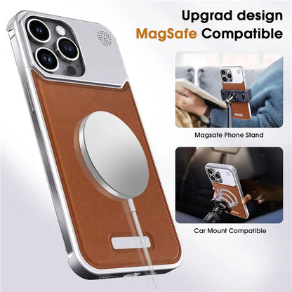 For iPhone 15 Pro Max Magnetic Case Aromatherapy Aluminium Alloy Leather Back Phone Cover