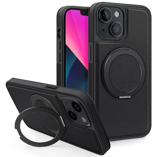 For iPhone 13 Magnetic Case Ring Kickstand Leather+PC+TPU Hybrid Phone Cover