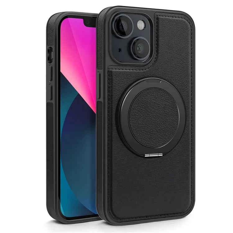 For iPhone 13 Magnetic Case Ring Kickstand Leather+PC+TPU Hybrid Phone Cover