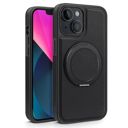 For iPhone 13 Magnetic Case Ring Kickstand Leather+PC+TPU Hybrid Phone Cover