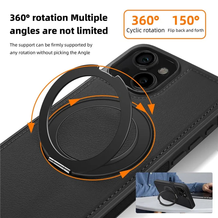 For iPhone 13 Magnetic Case Ring Kickstand Leather+PC+TPU Hybrid Phone Cover