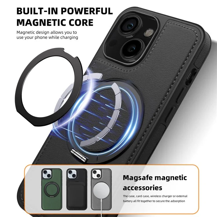 For iPhone 13 Magnetic Case Ring Kickstand Leather+PC+TPU Hybrid Phone Cover