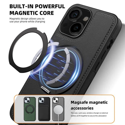 For iPhone 13 Magnetic Case Ring Kickstand Leather+PC+TPU Hybrid Phone Cover