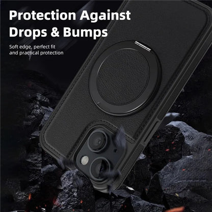 For iPhone 13 Magnetic Case Ring Kickstand Leather+PC+TPU Hybrid Phone Cover