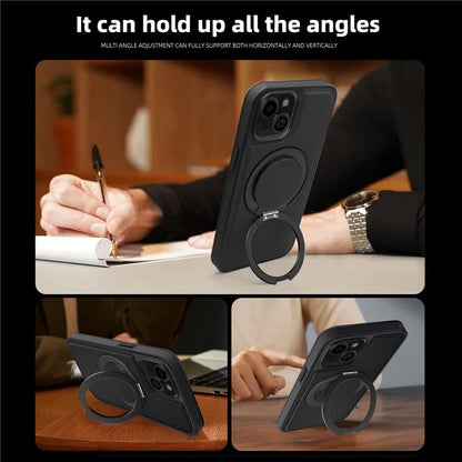 For iPhone 13 Magnetic Case Ring Kickstand Leather+PC+TPU Hybrid Phone Cover