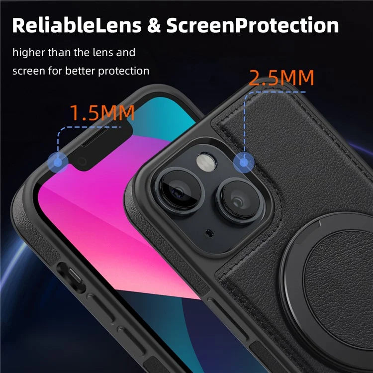 For iPhone 13 Magnetic Case Ring Kickstand Leather+PC+TPU Hybrid Phone Cover