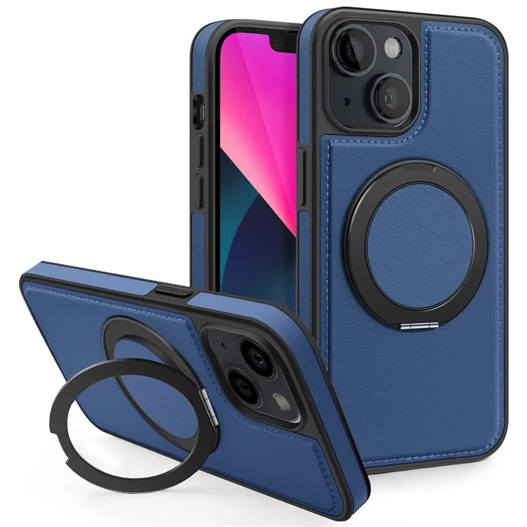 For iPhone 13 Magnetic Case Ring Kickstand Leather+PC+TPU Hybrid Phone Cover
