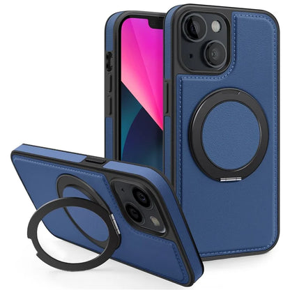 For iPhone 13 Magnetic Case Ring Kickstand Leather+PC+TPU Hybrid Phone Cover