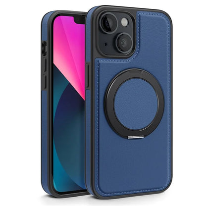 For iPhone 13 Magnetic Case Ring Kickstand Leather+PC+TPU Hybrid Phone Cover