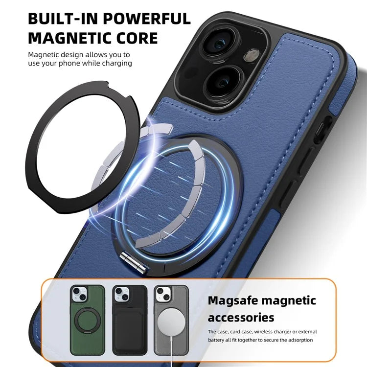 For iPhone 13 Magnetic Case Ring Kickstand Leather+PC+TPU Hybrid Phone Cover