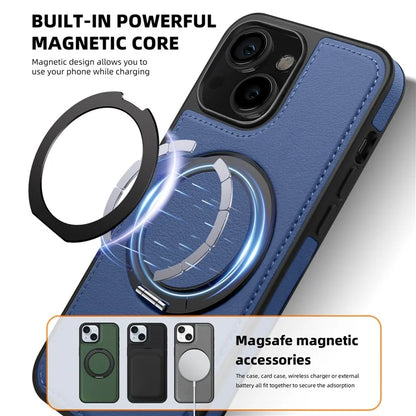 For iPhone 13 Magnetic Case Ring Kickstand Leather+PC+TPU Hybrid Phone Cover