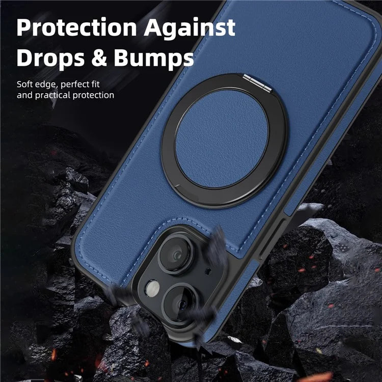 For iPhone 13 Magnetic Case Ring Kickstand Leather+PC+TPU Hybrid Phone Cover