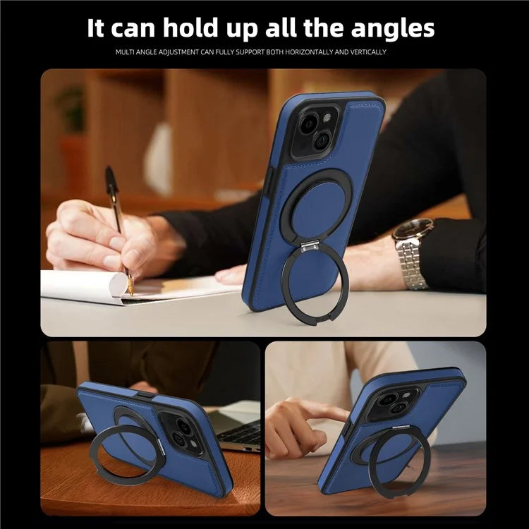 For iPhone 13 Magnetic Case Ring Kickstand Leather+PC+TPU Hybrid Phone Cover