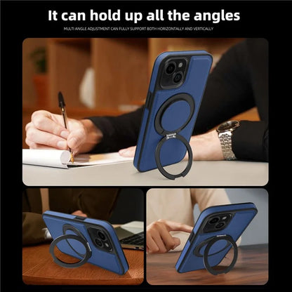 For iPhone 13 Magnetic Case Ring Kickstand Leather+PC+TPU Hybrid Phone Cover