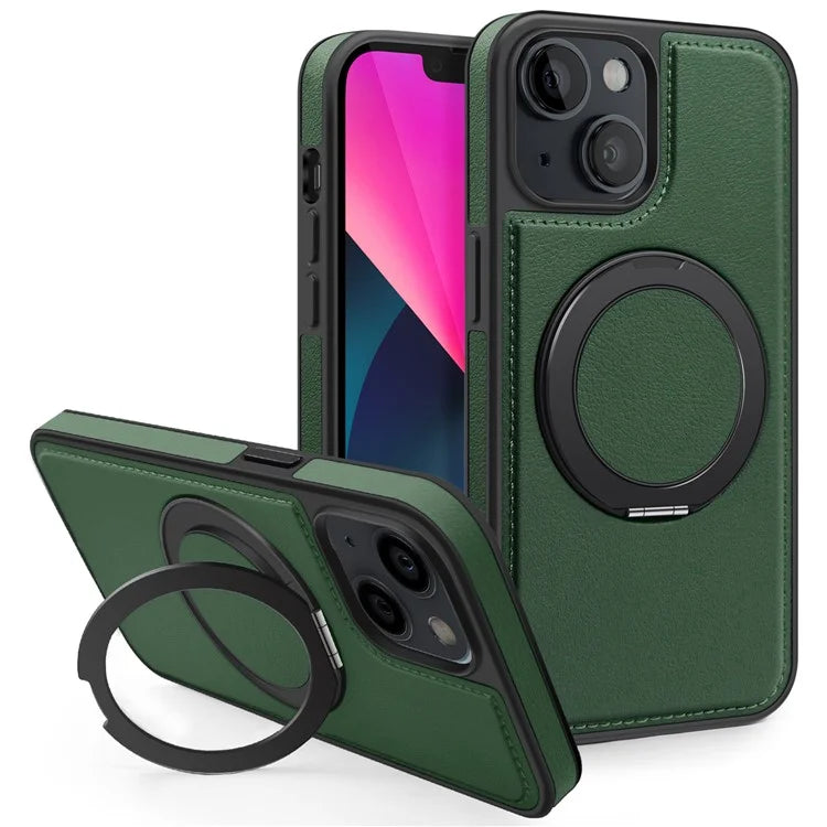 For iPhone 13 Magnetic Case Ring Kickstand Leather+PC+TPU Hybrid Phone Cover