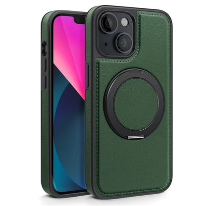 For iPhone 13 Magnetic Case Ring Kickstand Leather+PC+TPU Hybrid Phone Cover