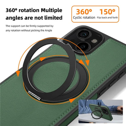 For iPhone 13 Magnetic Case Ring Kickstand Leather+PC+TPU Hybrid Phone Cover