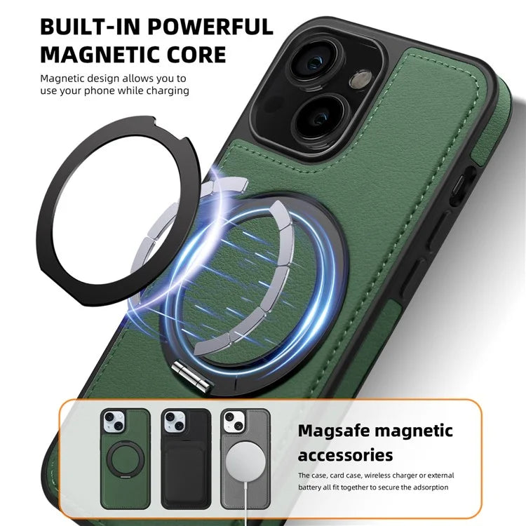 For iPhone 13 Magnetic Case Ring Kickstand Leather+PC+TPU Hybrid Phone Cover