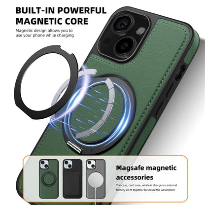 For iPhone 13 Magnetic Case Ring Kickstand Leather+PC+TPU Hybrid Phone Cover