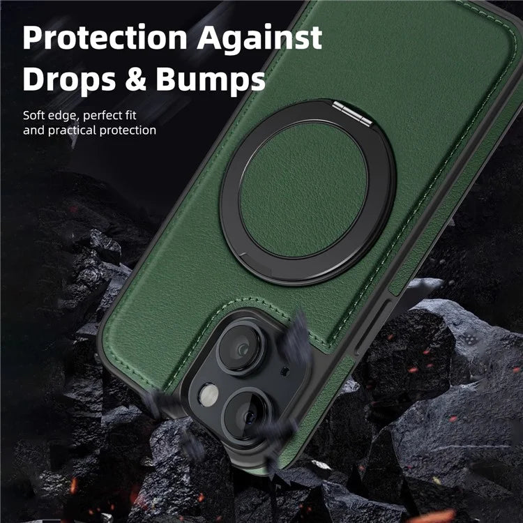 For iPhone 13 Magnetic Case Ring Kickstand Leather+PC+TPU Hybrid Phone Cover