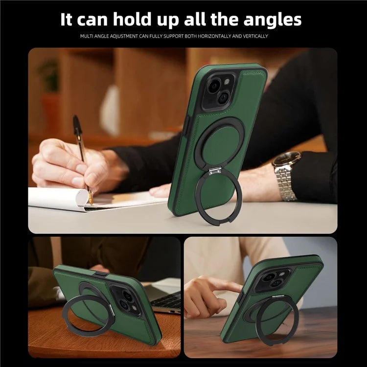 For iPhone 13 Magnetic Case Ring Kickstand Leather+PC+TPU Hybrid Phone Cover