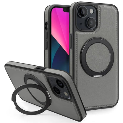 For iPhone 13 Magnetic Case Ring Kickstand Leather+PC+TPU Hybrid Phone Cover