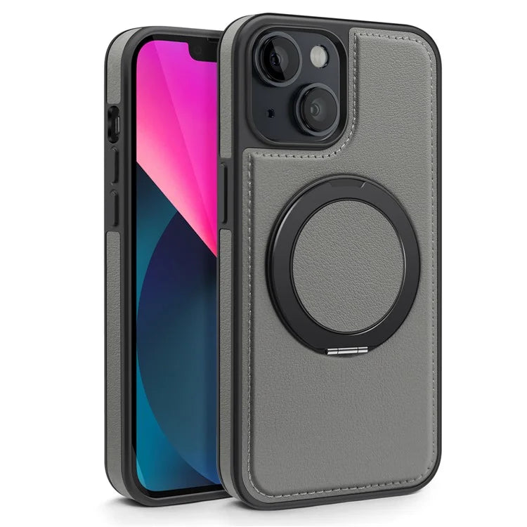 For iPhone 13 Magnetic Case Ring Kickstand Leather+PC+TPU Hybrid Phone Cover