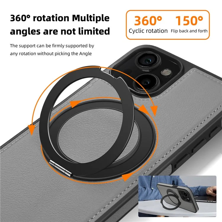 For iPhone 13 Magnetic Case Ring Kickstand Leather+PC+TPU Hybrid Phone Cover
