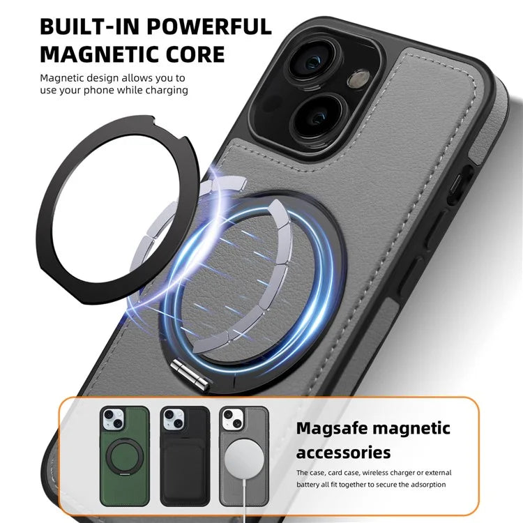 For iPhone 13 Magnetic Case Ring Kickstand Leather+PC+TPU Hybrid Phone Cover