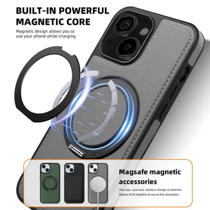 For iPhone 13 Magnetic Case Ring Kickstand Leather+PC+TPU Hybrid Phone Cover