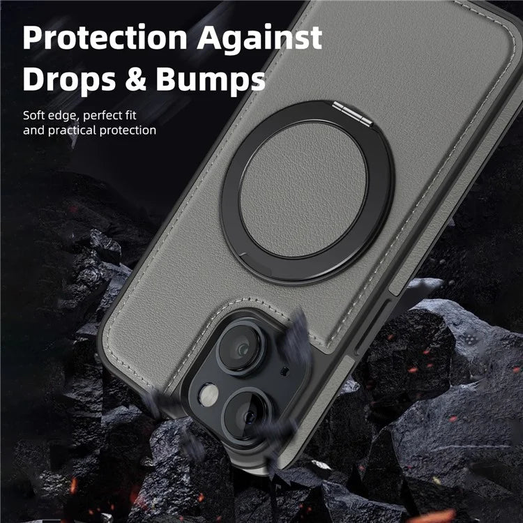 For iPhone 13 Magnetic Case Ring Kickstand Leather+PC+TPU Hybrid Phone Cover
