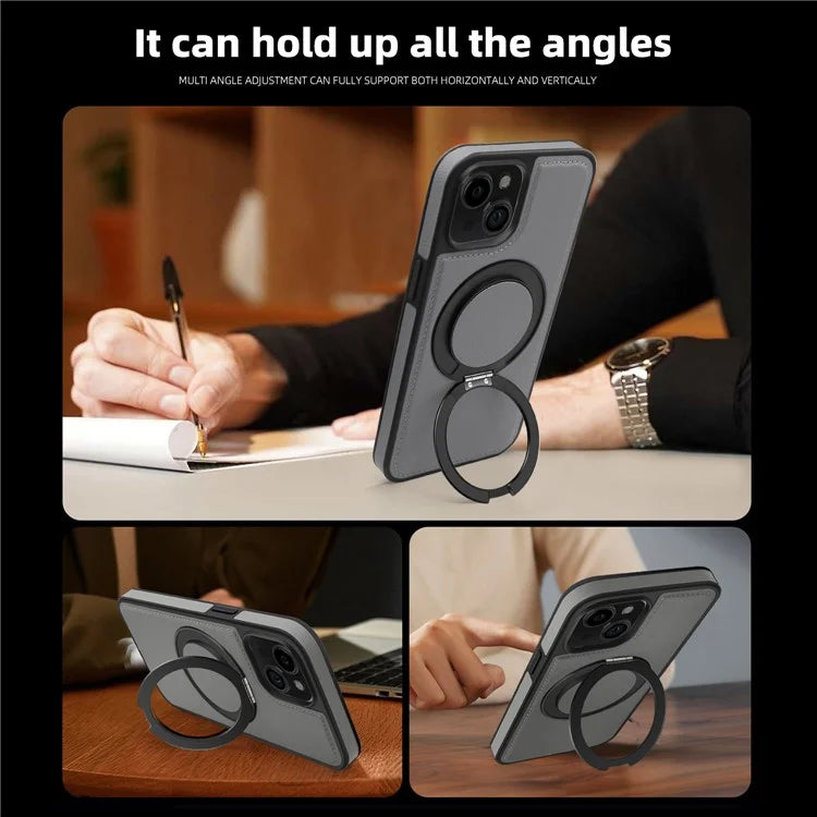 For iPhone 13 Magnetic Case Ring Kickstand Leather+PC+TPU Hybrid Phone Cover