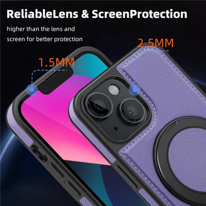 For iPhone 13 Magnetic Case Ring Kickstand Leather+PC+TPU Hybrid Phone Cover