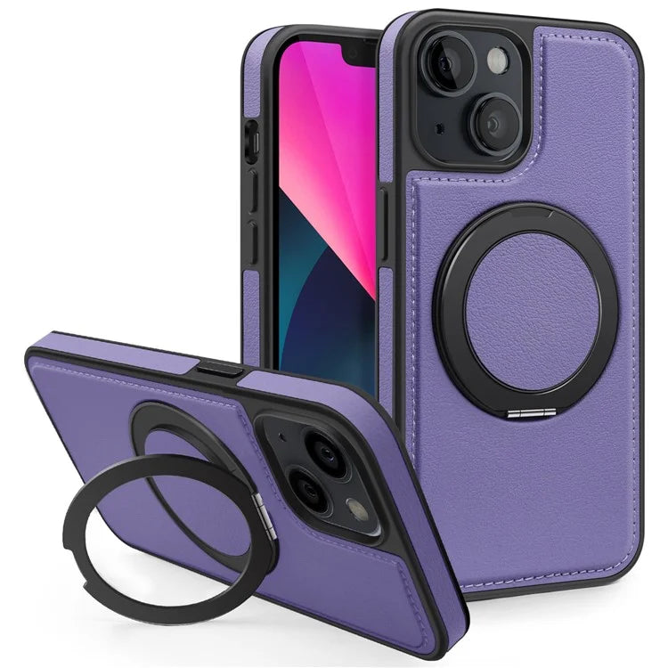 For iPhone 13 Magnetic Case Ring Kickstand Leather+PC+TPU Hybrid Phone Cover