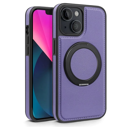 For iPhone 13 Magnetic Case Ring Kickstand Leather+PC+TPU Hybrid Phone Cover