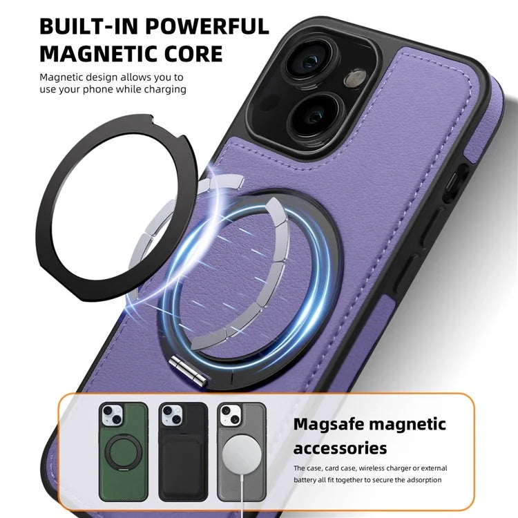 For iPhone 13 Magnetic Case Ring Kickstand Leather+PC+TPU Hybrid Phone Cover