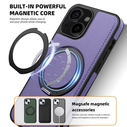 For iPhone 13 Magnetic Case Ring Kickstand Leather+PC+TPU Hybrid Phone Cover