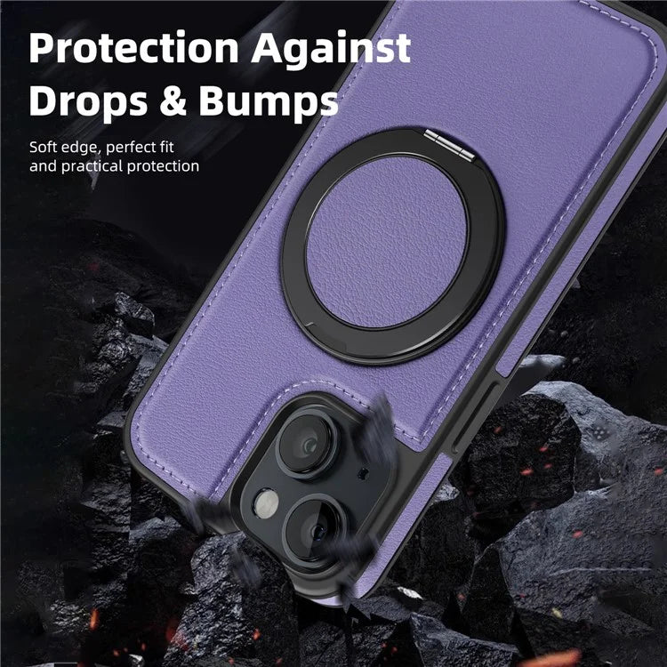 For iPhone 13 Magnetic Case Ring Kickstand Leather+PC+TPU Hybrid Phone Cover
