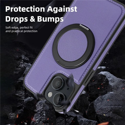 For iPhone 13 Magnetic Case Ring Kickstand Leather+PC+TPU Hybrid Phone Cover
