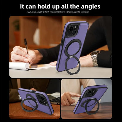 For iPhone 13 Magnetic Case Ring Kickstand Leather+PC+TPU Hybrid Phone Cover