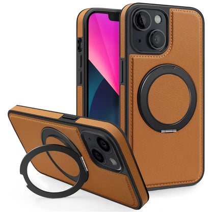 For iPhone 13 Magnetic Case Ring Kickstand Leather+PC+TPU Hybrid Phone Cover