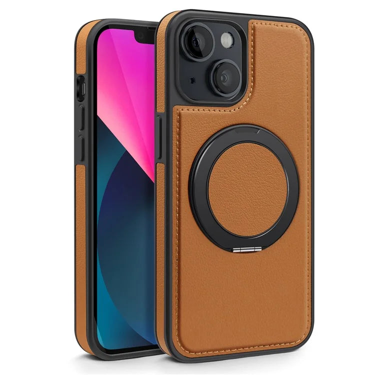 For iPhone 13 Magnetic Case Ring Kickstand Leather+PC+TPU Hybrid Phone Cover