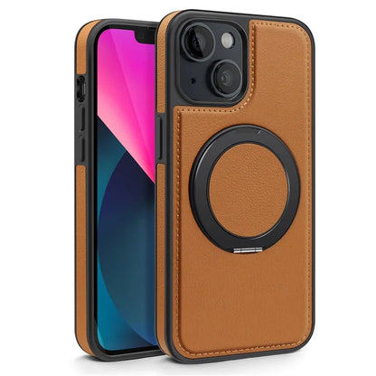 For iPhone 13 Magnetic Case Ring Kickstand Leather+PC+TPU Hybrid Phone Cover