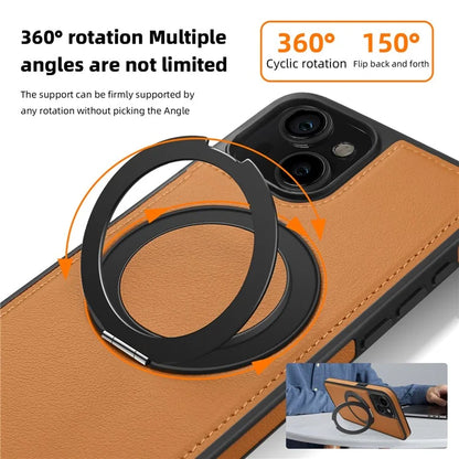For iPhone 13 Magnetic Case Ring Kickstand Leather+PC+TPU Hybrid Phone Cover