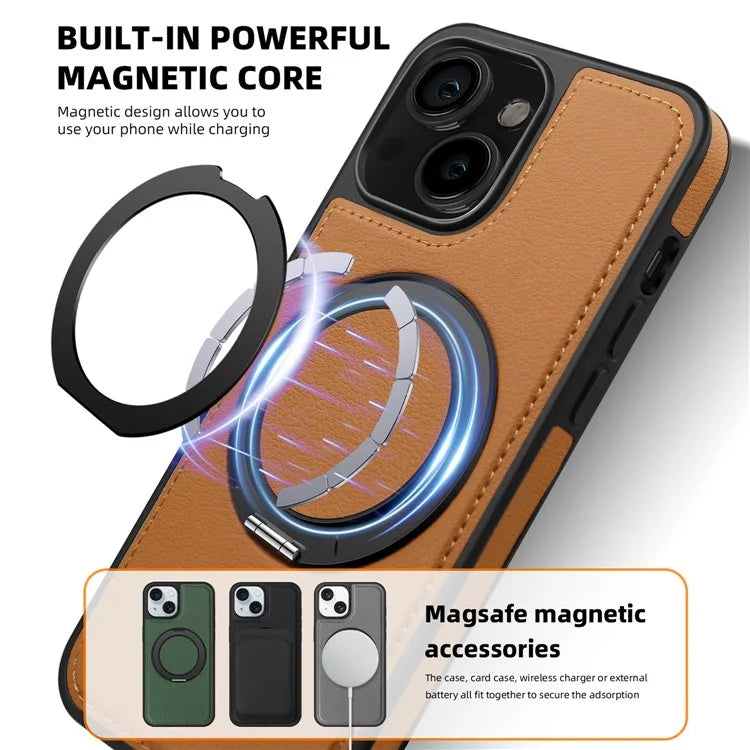 For iPhone 13 Magnetic Case Ring Kickstand Leather+PC+TPU Hybrid Phone Cover