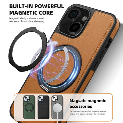 For iPhone 13 Magnetic Case Ring Kickstand Leather+PC+TPU Hybrid Phone Cover